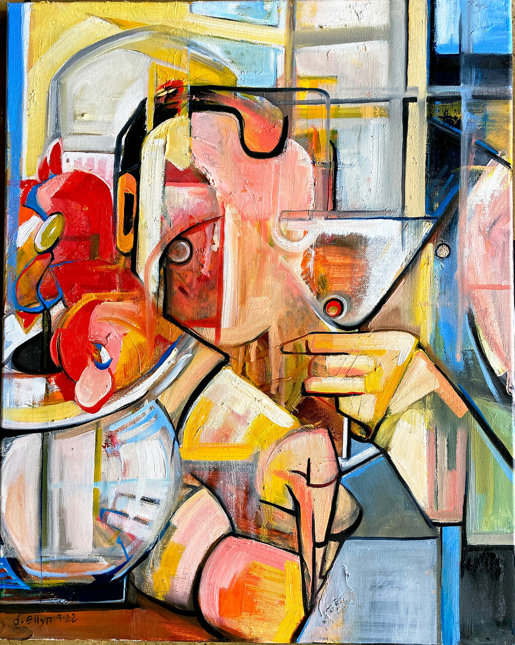 Abstract painting of a figure holding a martini glass, in blocks of pink, yellow, red and blue