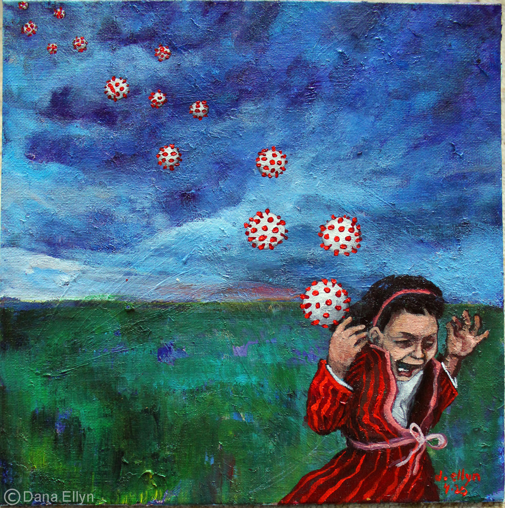A girl in a red striped robe covers her ears and runs across a green field as virus particles fill the sky