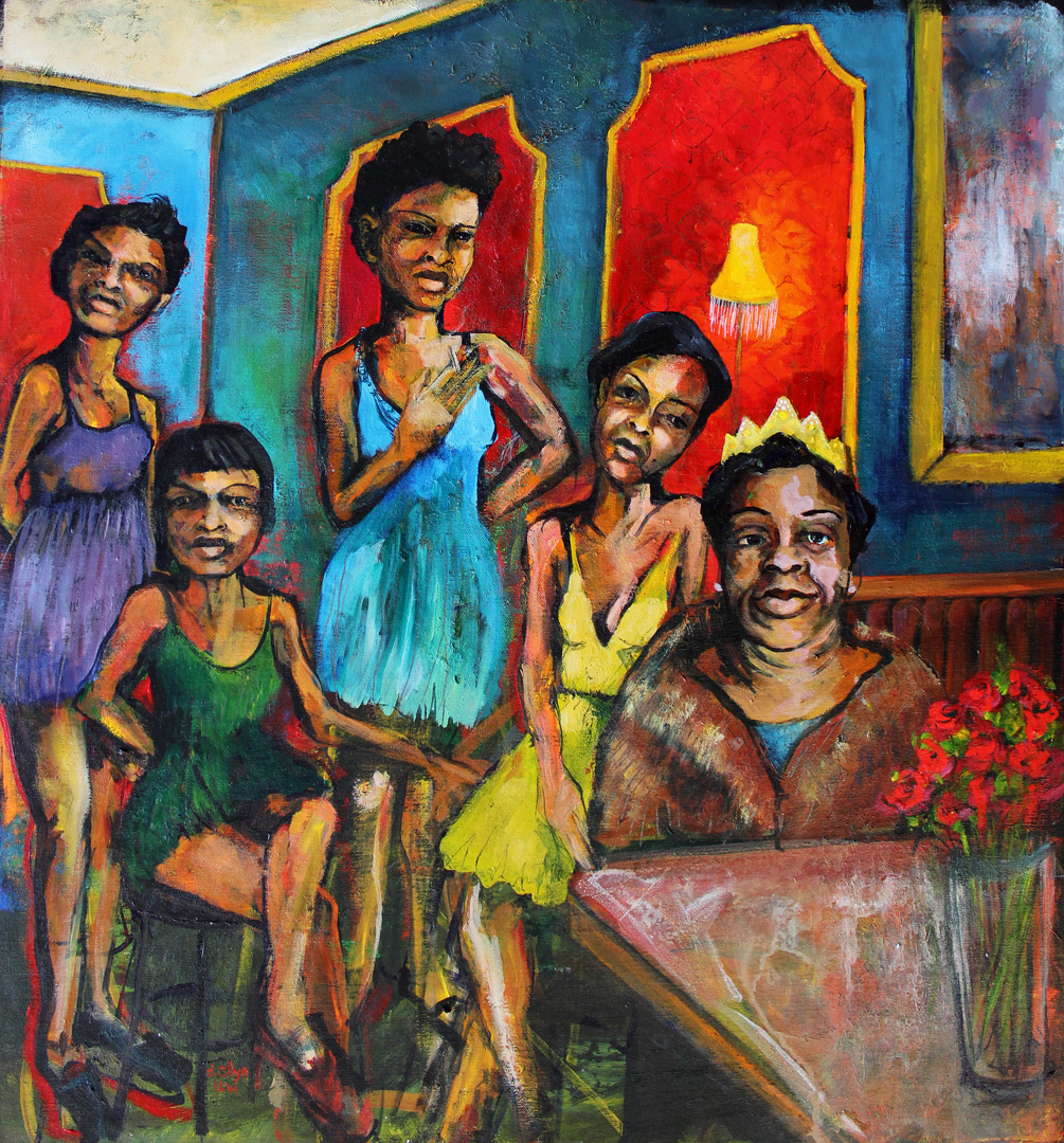 Odessa and her Yella Gals: five women in a bar with red walls, one seated and wearing a gold crown