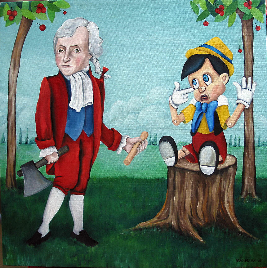 George Washington holding an axe beside Pinocchio on a tree stump under cherry trees